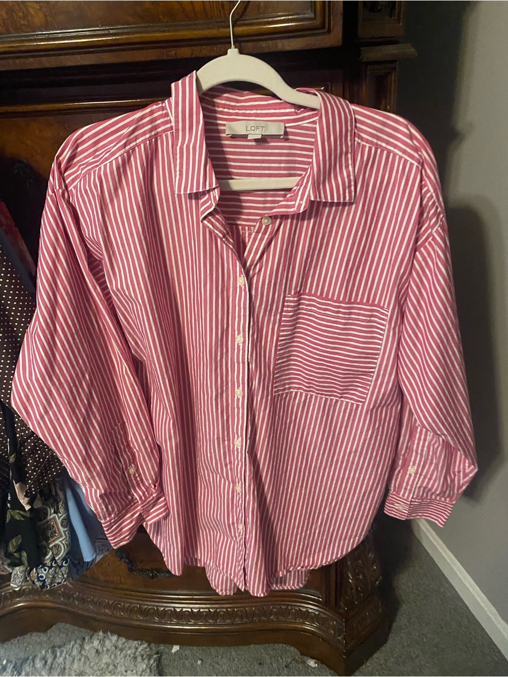 LOFT Women's Pink and White Striped Button Down Shirt